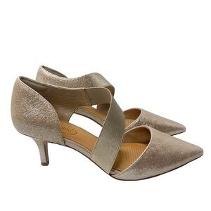 Corso Como "Denise" Gold Shimmer Leather/Textile Stretch Strap Pointed Toe Heels